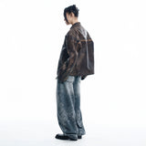 Washed Line Leather Jacket - BROWN