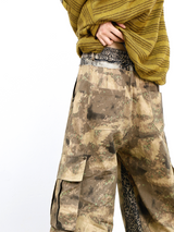 RELABEL Digital-Printed Leopard-Print Camouflage High-Waisted/Low-Waisted Frayed-Edge Patchwork A-Line Studded Workwear Trousers