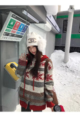 Red Snow Stripe Hooded Knit Zip-Up