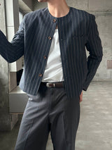 Pin stripe collarless crop jacket(2color)