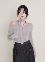 (Napping T-shirt) Euren One Shoulder Ribbon Tie Long-Sleeved Warmer T-Shirt