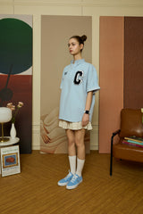 Navy C Patch Light Blue Denim short-sleeved Shirt [Unisex]