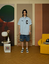 Navy C Patch Light Blue Denim short-sleeved Shirt [Unisex]