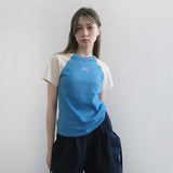 ブルー/ベージュラグランTシャツ