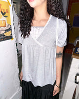 (2color) Lace Check Layered Neck Shirring Balloon Tee