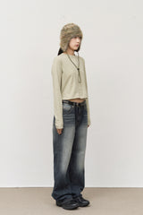 (W) Cream Button Top