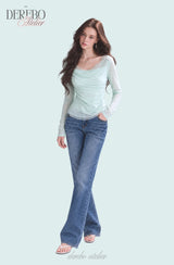 Mint chiffon mesh shirring long-sleeve tee