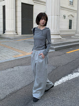リズムダイアゴナルアンバランスボタンフード長袖Tシャツ