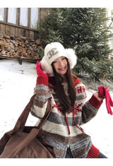 Red Snow Stripe Hooded Knit Zip-Up