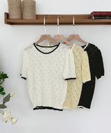 Caron Color Matching Openwork Puff Short Sleeve Knit