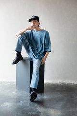 Hierarchy Studios - Wide Evil Logo Dusty Blue Oversized T-Shirt