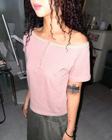 (3color) Wave Braided Neck Off-Shoulder Short Sleeve Tee