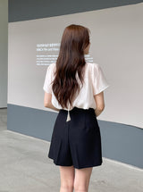 Ringo Pintuck Back Ribbon Short Sleeve Blouse