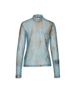 8287 Graffiti Logo Sheer Long Sleeve Turtleneck Top (Blue)