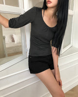 Mameko Shirred  7-Sleeve T-Shirt