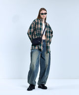 87-STAN074 Vintage Palm Tree OverFit Long Sleeve Check Shirt