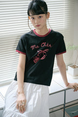 26SS★ Cherry Cats CROP Ringer Tee
