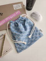 denim ribbon string pouch - light blue L