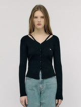 CUT OUT SLIM FIT KNIT CARDIGAN BLACK
