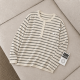 ヘンリーネック ニット ムード ボタン ストライプ ニット (4 colors)