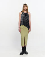 シャーリングレイヤードスリットスカート _ OLIVE GREEN