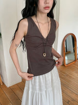 Ichi Deep V-Neck Lace Ribbed Wrap Sleeveless