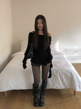 Mulder Off-Shoulder Unbalanced Shirring Frill Knit