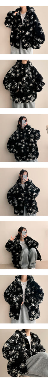 フラワーオーバーサイズダンブルフードジップアップジャンパー