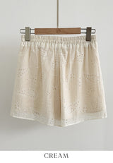 Eyelet Punching Blouse Banding Shorts Set