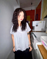 (2color) Lace Check Layered Neck Shirring Balloon Tee