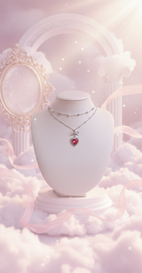 [IDLE Shuhua Necklace] ローズピンクハートプリンセスレイヤードネックレス - シルバーカラー