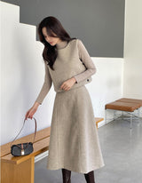 [3 piece set] ReadyU Half-Neck Knit Wool Vest Skirt Set