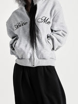 Raccoon Fur Letter Hood Zip-Up