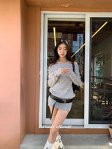 off-shoulder knit v-neck mini dress