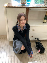 チェックドシャツレイヤードブラックロングスリーブTシャツ
