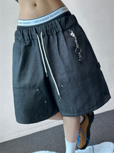 Deep Double Knee Non-Faded Raw Denim Rivet Mini Bermuda  2 Colors 