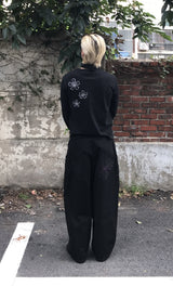 ワイルドフラワーステッチパンツ _ ブラック＆パープル