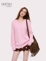 Baby Pink Twisted V-neck Loose Fit Knitwear