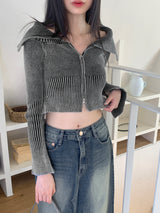 Elfu Gradient Two-Tone Off-Shoulder V-Neck Two-Way Long-Sleeved Knitwear Zip-Up