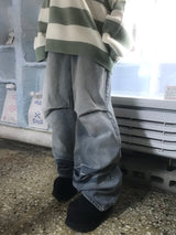 crack light blue washing dart wide denim pants