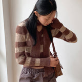 [Muffler set] Prina V-neck angora color combination striped crop long sleeve knit