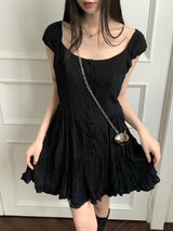 ウィロンシフォンキャップスリーブボタンプリーツフレアミニワンピース / Willon Chiffon Cap Sleeve Button Pleated Flare Mini One Piece