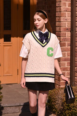 ライトグリーンCパッチvネックニットベストユニセックス / Light Green C Patch V-neck Ivory Knitwear Vest