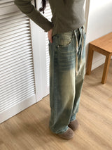 Aker string washing wide denim pants