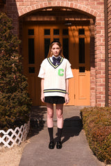 ライトグリーンCパッチvネックニットベストユニセックス / Light Green C Patch V-neck Ivory Knitwear Vest