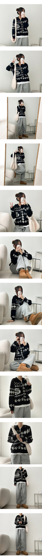 Porcelain Pattern Knitwear Hooded Zip-Up Cardigan