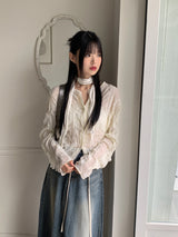 グロウェディングゲストルックレースプリーツストリング長袖ブラウス