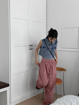 Lamento Denim Collar Pocket Cropped Vest