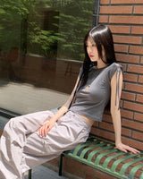ショルダースリットリボンストラップクロップ半袖Tシャツ/Tino shoulder slit ribbon strap crop short sleeve T-shirt