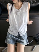 ストライプボタンベストノースリーブブラウス / Banet Stripe Button Vest Sleeveless Blouse